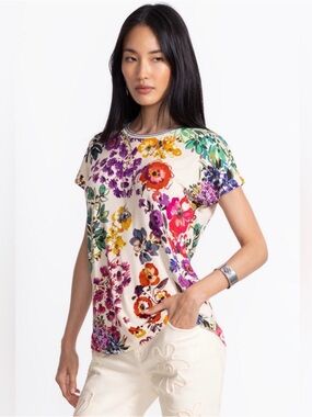 Johnny Was Janie Favorite Evalon Dolman Sleeve Tee Shirt Floral Top Cream NEW S